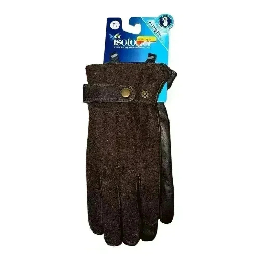 NWT Isotoner Mens Brown Smart Touch Genuine Leather Gloves, Large